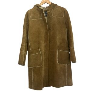 Vintage Gap Long Lone Suede Leather Shearling Lined Long Lined Coat Hood Size S